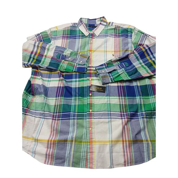 Ralph Lauren Men Button Down Shirt 4XLT Big Tall Blue Green Plaid Flesh Pony NEW - Picture 3 of 5